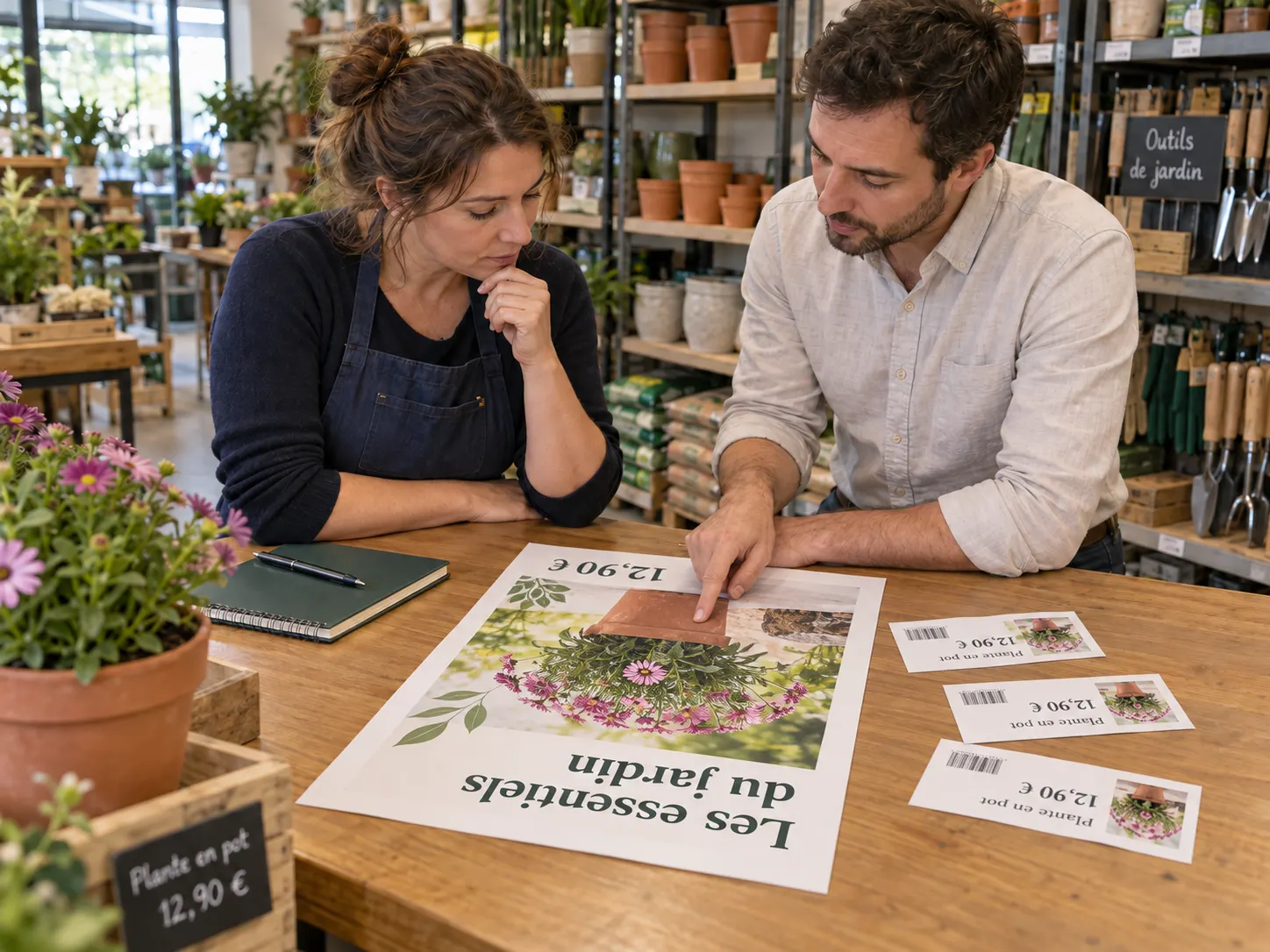 Scène d’illustration : deux personnes examinent une affiche et des étiquettes de jardinerie sur un comptoir.