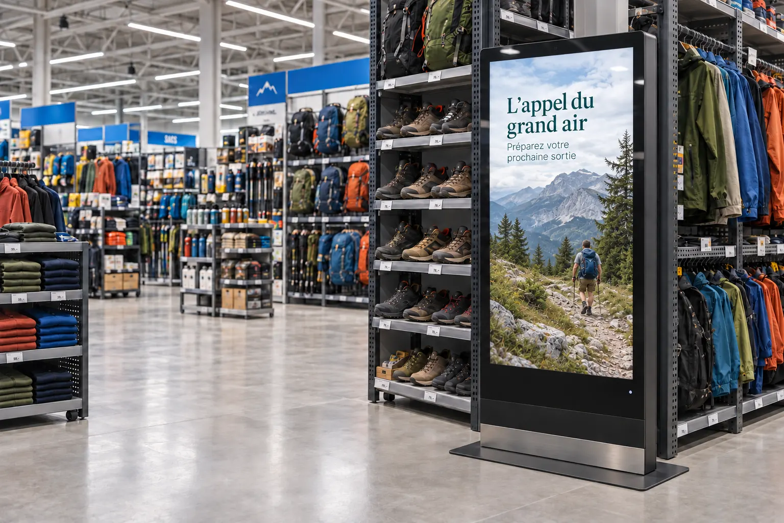 Magasin de sport avec un totem d’affichage dynamique « L’appel du grand air » entre deux rayons
