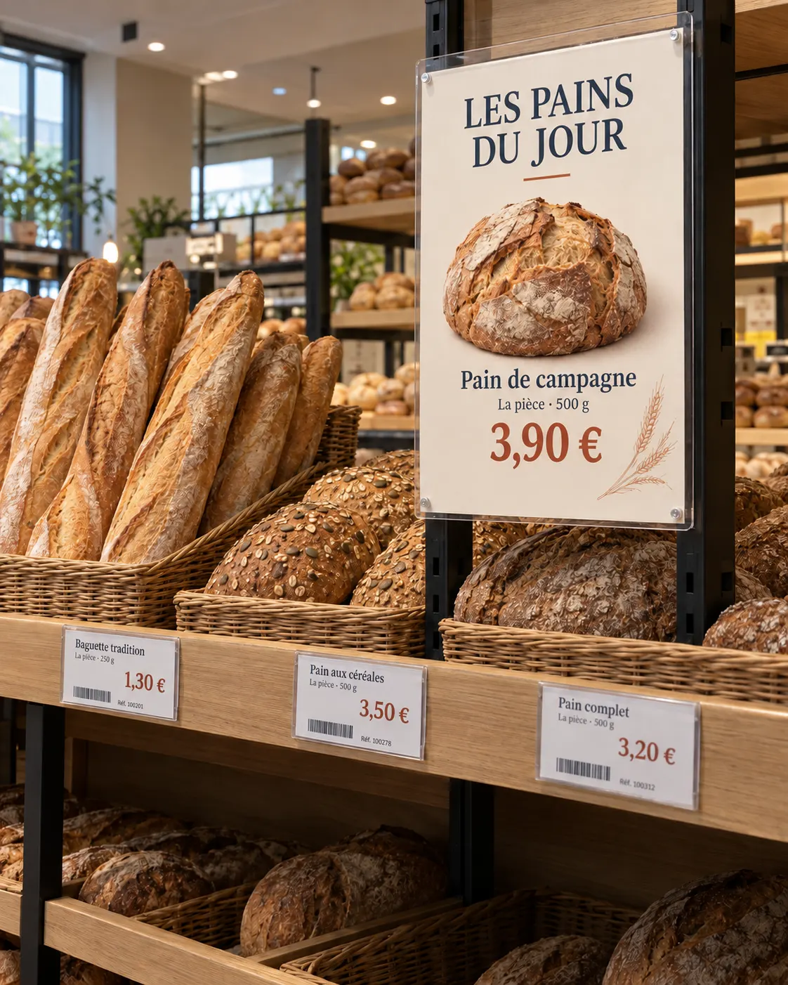 Rayon de boulangerie avec une affiche « Les pains du jour » et des étiquettes prix sur les paniers