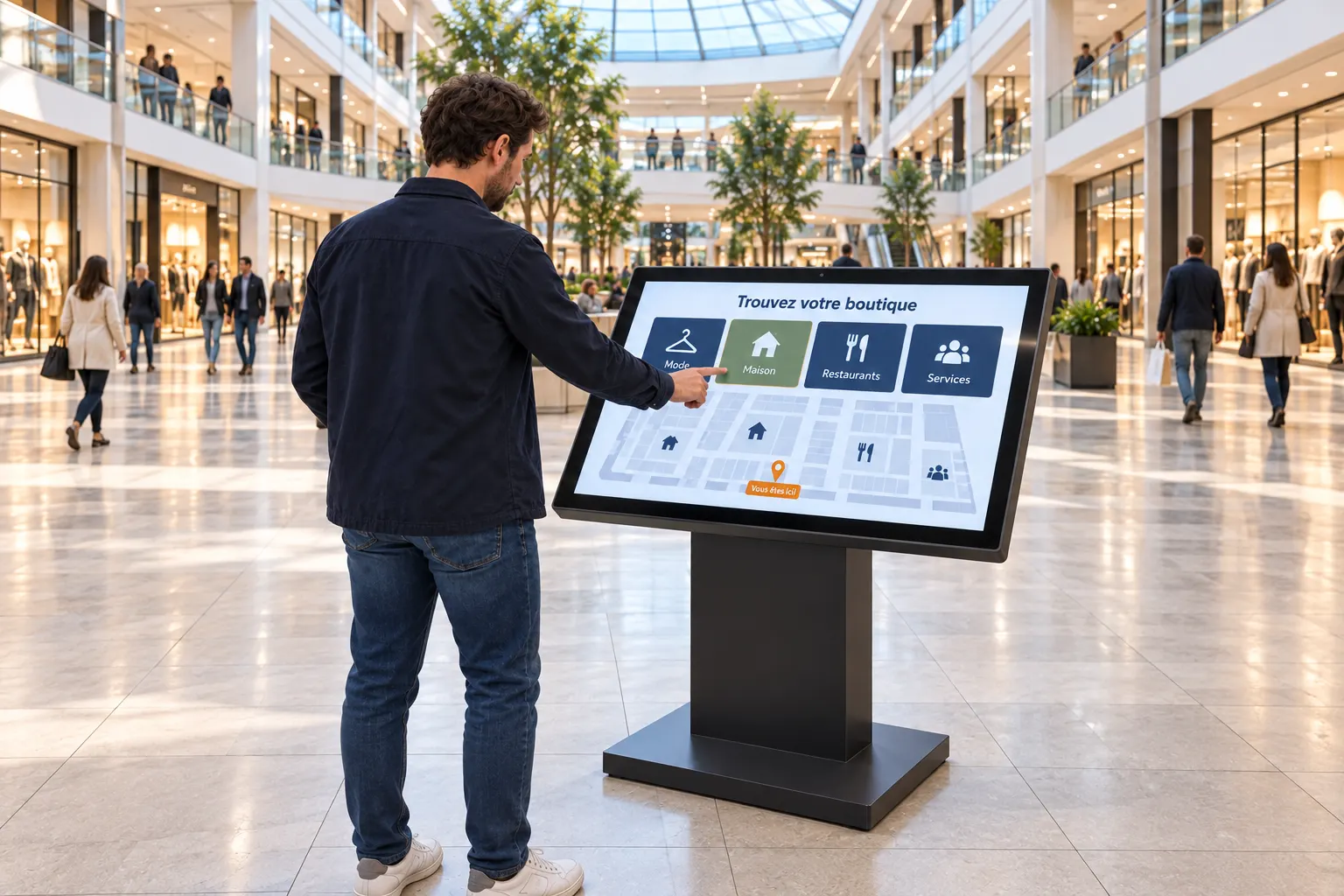 Scène d’illustration : un visiteur consulte une borne tactile d’orientation dans une galerie marchande.
