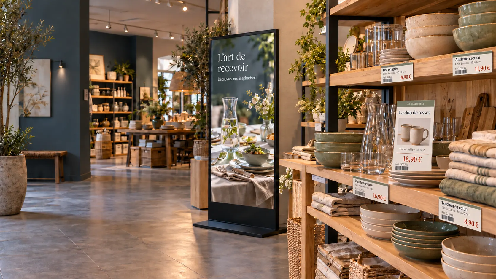 Scène d’illustration dans un magasin de décoration et d’art de vivre : totem d’affichage dynamique « L’art de recevoir », affichette « Le duo de tasses » et étiquettes prix en rayon