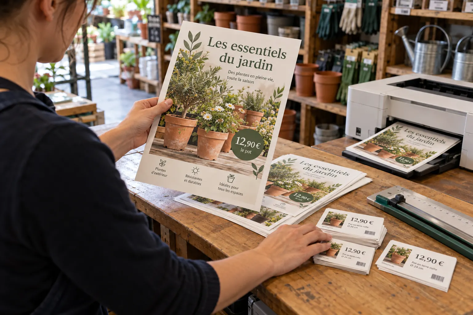 Employée de jardinerie tenant une affiche « Les essentiels du jardin », à côté d’une imprimante et de petites étiquettes prix
