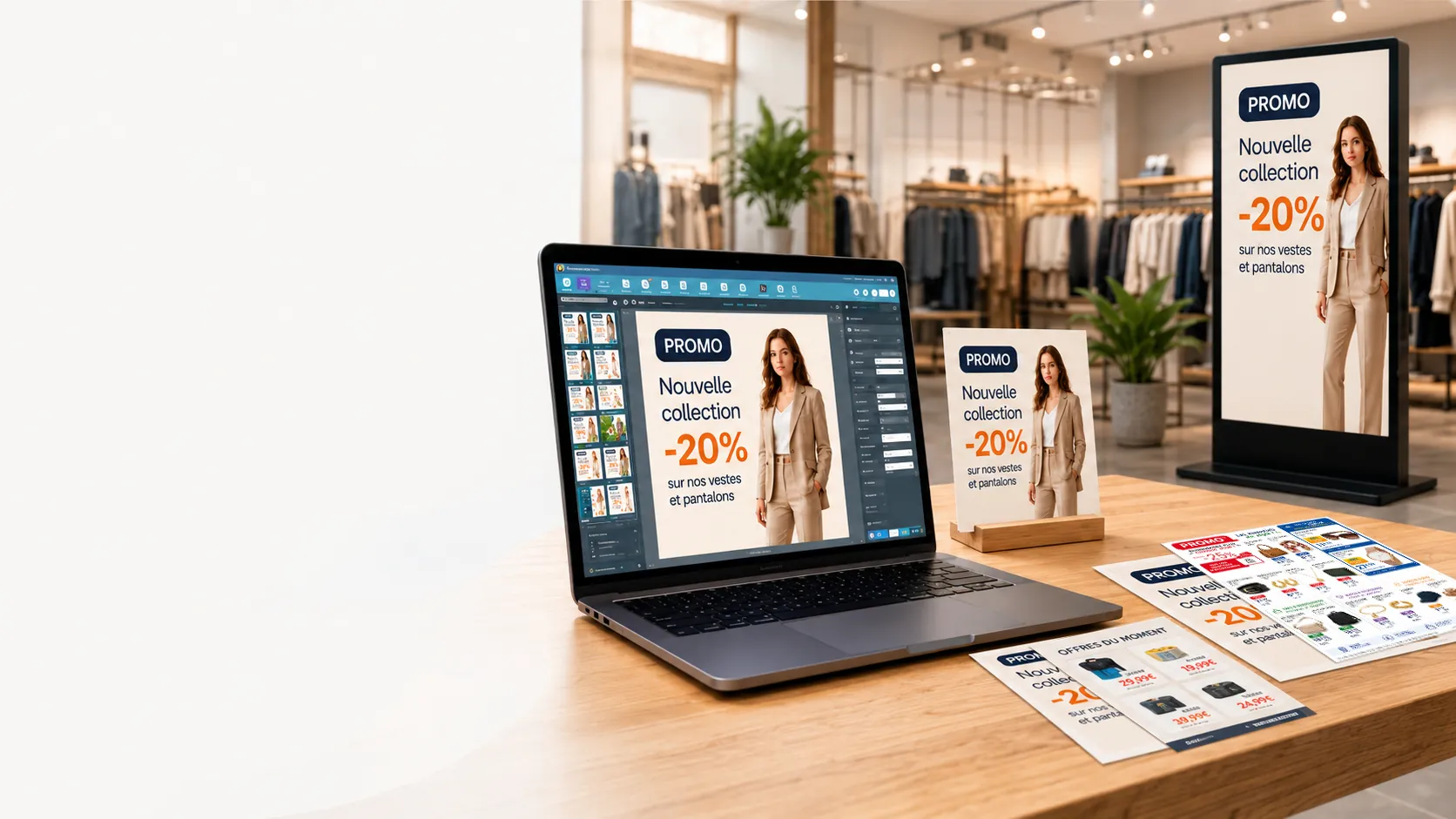 Interface du logiciel Toucan® sur ordinateur, avec une campagne promotionnelle déclinée en affiche papier et sur écran dynamique dans un magasin de prêt-à-porter.