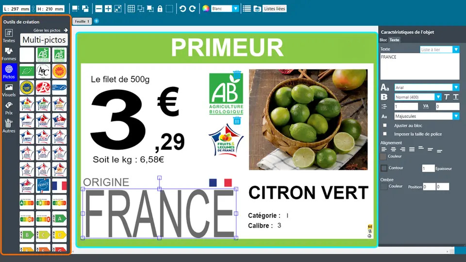 Éditeur Toucan en création libre avec outils, gabarit promotionnel et propriétés de l’objet