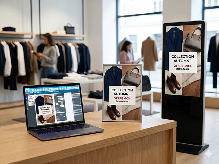 Le logiciel Toucan® sur ordinateur, une affiche imprimée et un écran dynamique présentant la même campagne dans un magasin