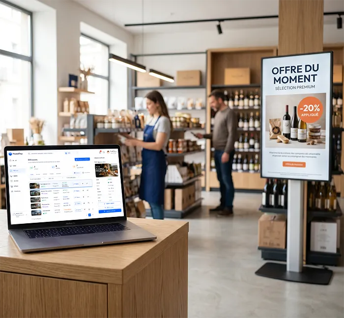 Interface de pilotage d’affichage dynamique avec écran magasin diffusant une offre promotionnelle