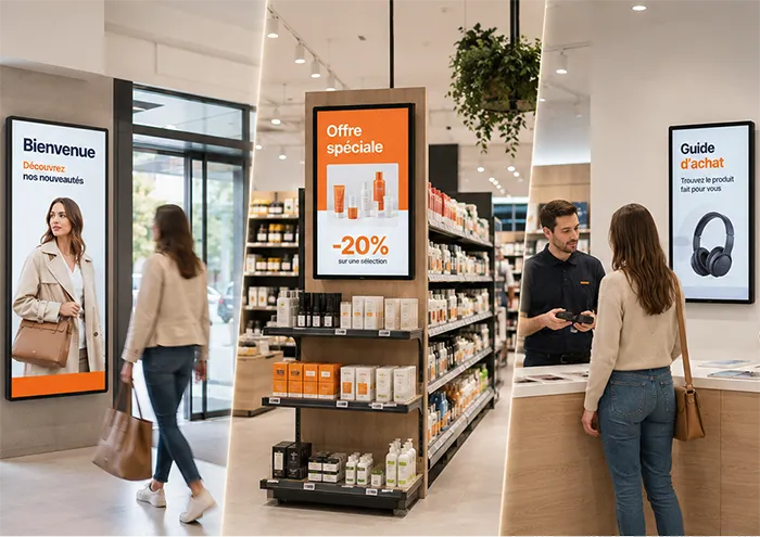 Écrans d’affichage dynamique diffusant des messages adaptés aux différentes zones d’un magasin