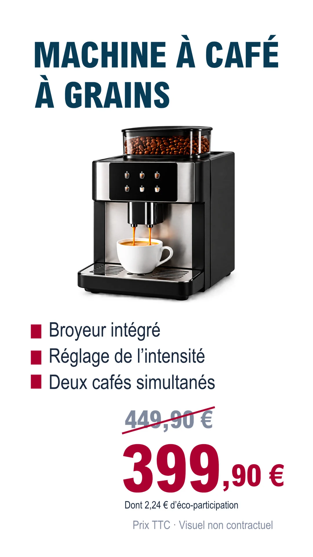 Animation pour écran vertical : le même produit recomposé en hauteur, avec le titre en haut, la machine au centre, les trois arguments puis le prix de 399,90 € au lieu de 449,90 € dont 2,24 € d’éco-participation.