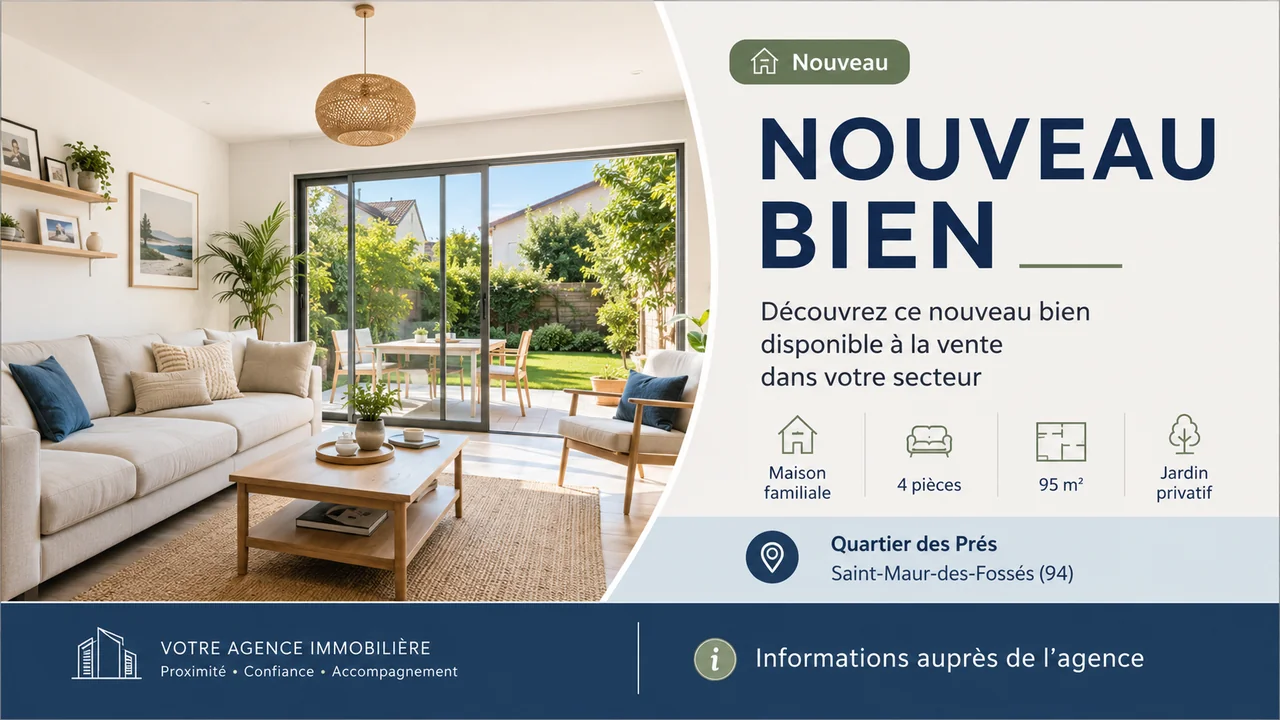 Template d’affichage dynamique immobilier pour présenter un nouveau bien en agence