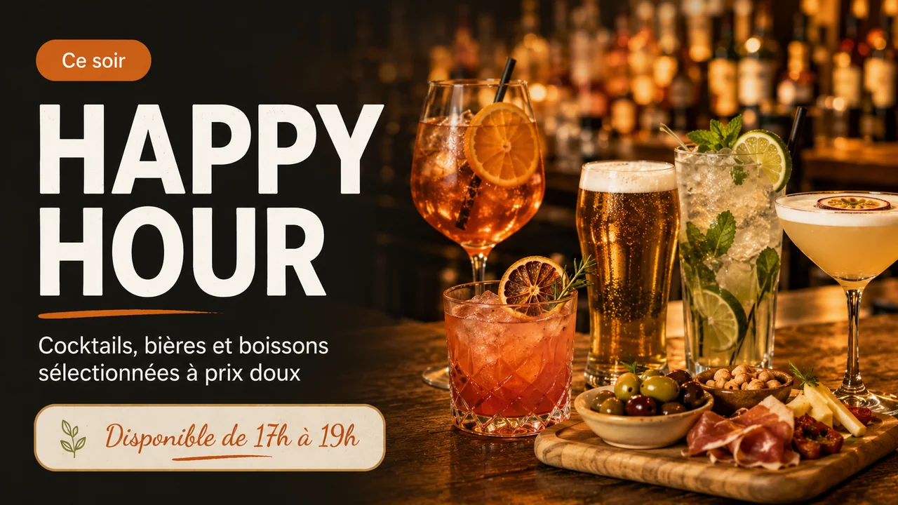 Template d’affichage dynamique restaurant pour annoncer une happy hour