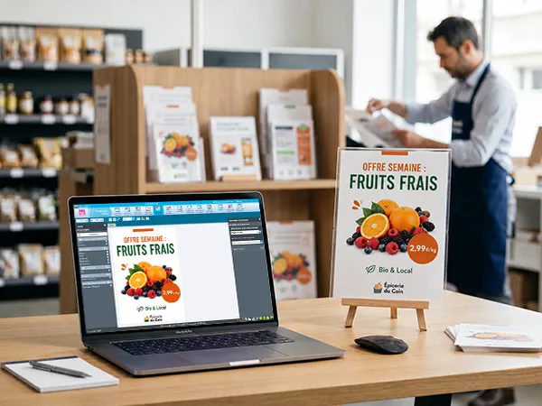 Interface de création d’affiche magasin avec support PLV papier prêt à imprimer