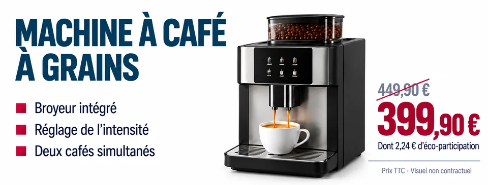 Affiche horizontale « Machine à café à grains » : arguments à gauche, photo du produit au centre, prix barré de 449,90 € et prix de 399,90 € à droite