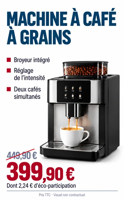 Affiche verticale « Machine à café à grains » : photo du produit, trois arguments (broyeur intégré, réglage de l’intensité, deux cafés simultanés), prix barré de 449,90 € et prix de 399,90 € dont 2,24 € d’éco-participation