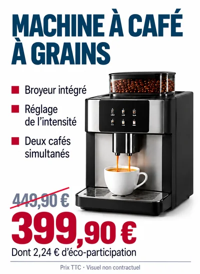 Affichette « Machine à café à grains » : photo du produit, trois arguments, prix barré de 449,90 € et prix de 399,90 € dont 2,24 € d’éco-participation
