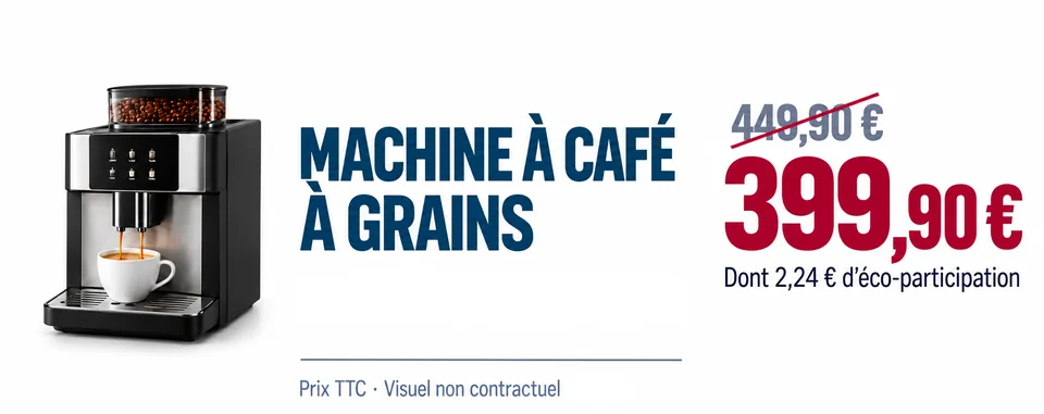 Bandeau « Machine à café à grains » : photo du produit à gauche, nom du produit au centre, prix barré de 449,90 € et prix de 399,90 € à droite