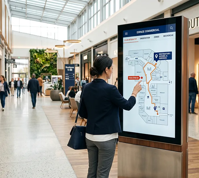 Borne interactive tactile affichant un plan d’orientation dans un espace commercial