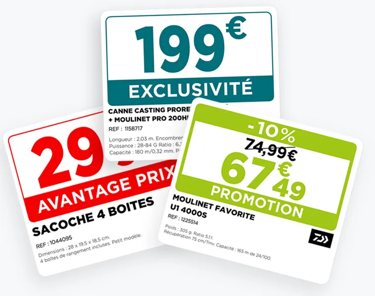 Exemples d’affiches prix et promotion conçues avec Toucan pour la communication magasin