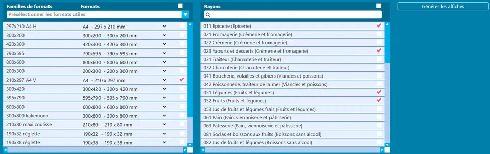 Recadrage de Toucan : familles de formats et formats à gauche, rayons à cocher au centre et bouton « Générer les affiches ».