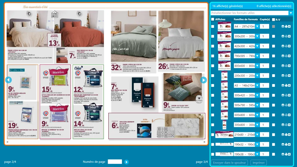 Catalogue interactif Toucan : page de catalogue produits à gauche et affiches générées dans plusieurs formats à droite