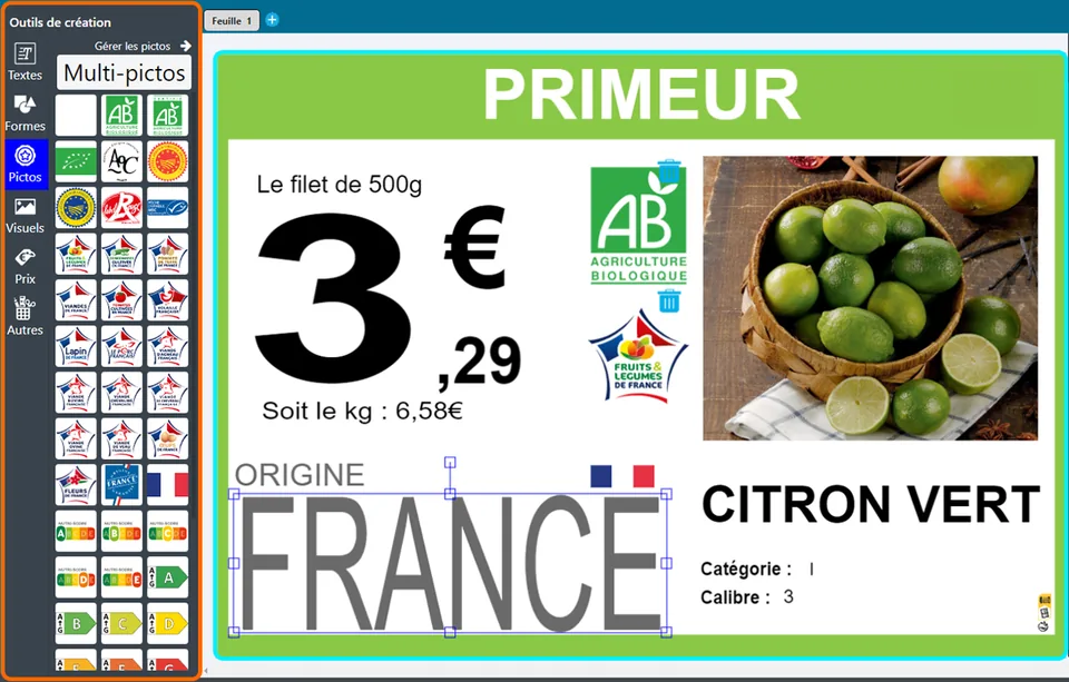 Recadrage de l’éditeur Toucan en création libre : palette d’outils de création à gauche et affiche « Primeur » avec la mention « France » sélectionnée